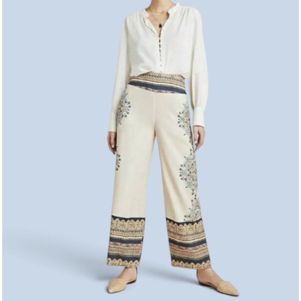 Farm Rio Wide Leg Palazzo Pants S Cream w/ Bohemian Mandala Print 27” Inseam